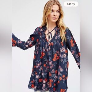 Free People So Fine Printed Smocked Top | Size XS | Navy Floral Boho Blouse